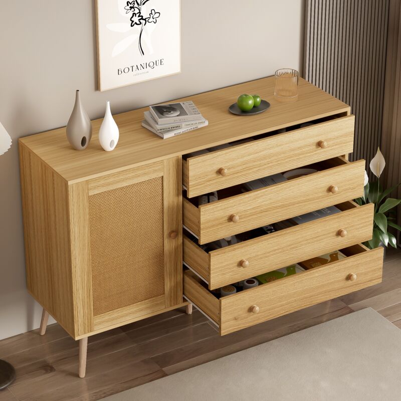 Buffet 120x40x836cm - Armoire avec 4 tiroirs et 1 porte en rotin - en bois mdf+pb - coloris bois