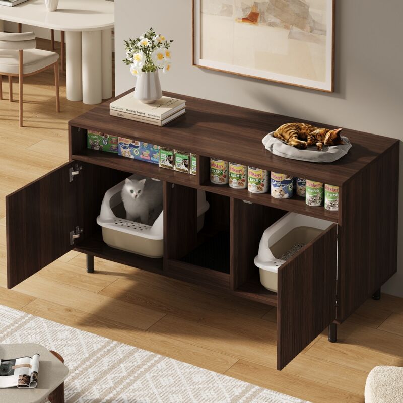 Buffet 120x50x66 cm - Pour 2 bacs à litière - Matelas à litière à crible - 2 portes - Marron (sans bac à litière)