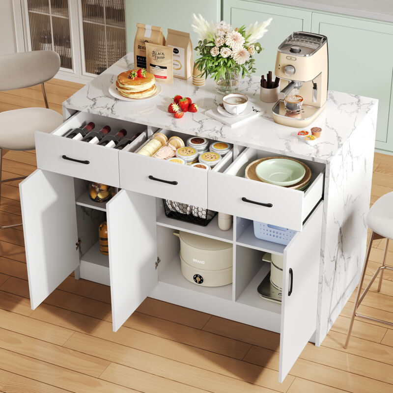 Modfu - Buffet 120x60x90,5cm avec 3 tiroirs 3 portes, commode, table à manger, étagères réglables, mdf, blanc