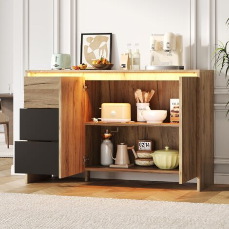 Buffet, 120x76x40 cm, meuble de cuisine, 3 tiroirs et 2 portes, LED multicolore, pour le salon, la salle à manger ou l'entrée, finition bois et noir