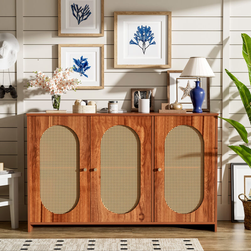 Buffet 125x38x78cm - avec 3 portes, portes en imitation rotin et poignées en métal - moderne et élégant - noyer