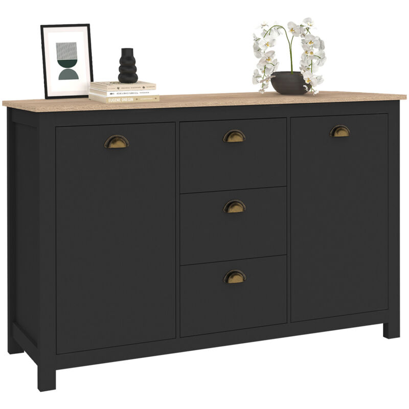 Buffet 130 cm isis campagne 2 portes et 3 tiroirs bois et noir