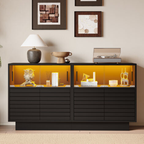Buffet 130x35x68 cm, meuble de salon avec éclairage LED, 2 armoires, 4 compartiments, porte vitrée, meuble haut moderne pour salle à manger et couloir - Noir