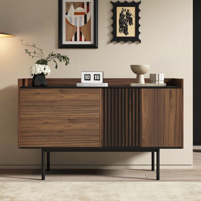 Eifson - Buffet 130x40x80,5 cm - avec 2 tiroirs, étagères réglables, plateau et pieds noirs, convient pour salon et salle à manger - Noyer