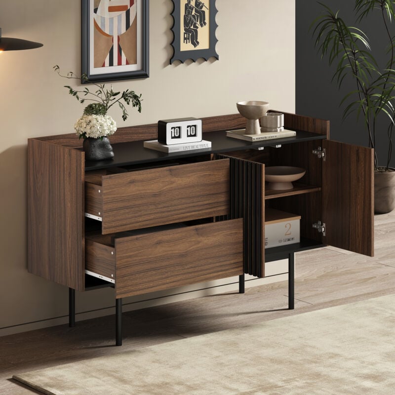 Buffet 130x40x80,5cm commode, 2 tiroirs 2 portes, meuble de cuisine avec étagères réglables, mdf, noir + marron foncé