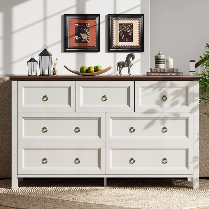 Tanant - Buffet 137 cm avec 7 tiroirs, commode chambre, poignées aluminium, plateau noyer, pour chambre, salon, meuble de cuisine - Blanc