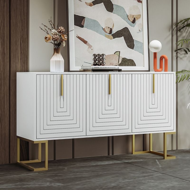 Buffet 138 cm, avec 3 portes en forme de u, étagères réglables, cadre en métal, style moderne Design, armoire de salon - Blanc