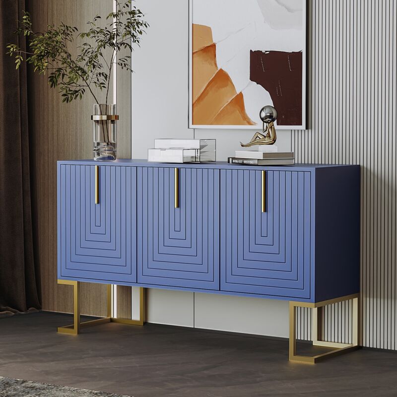 Buffet 138 cm, avec 3 portes en forme de u, étagères réglables, cadre en métal, style moderne Design, armoire de salon - Bleu