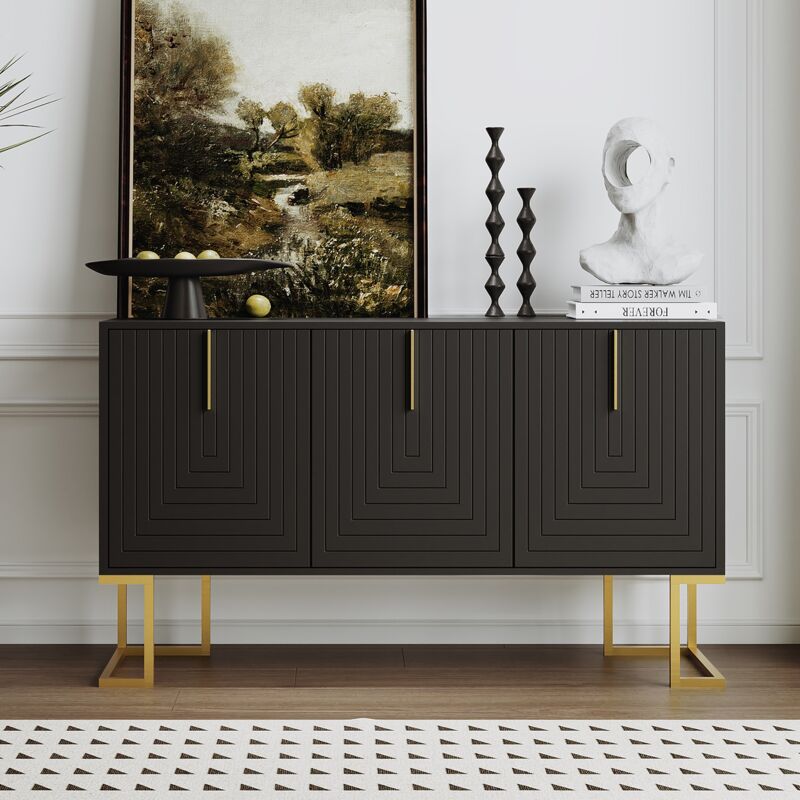 Buffet 138 cm, avec 3 portes en forme de u, étagères réglables, cadre en métal, style moderne Design, armoire de salon - Noir
