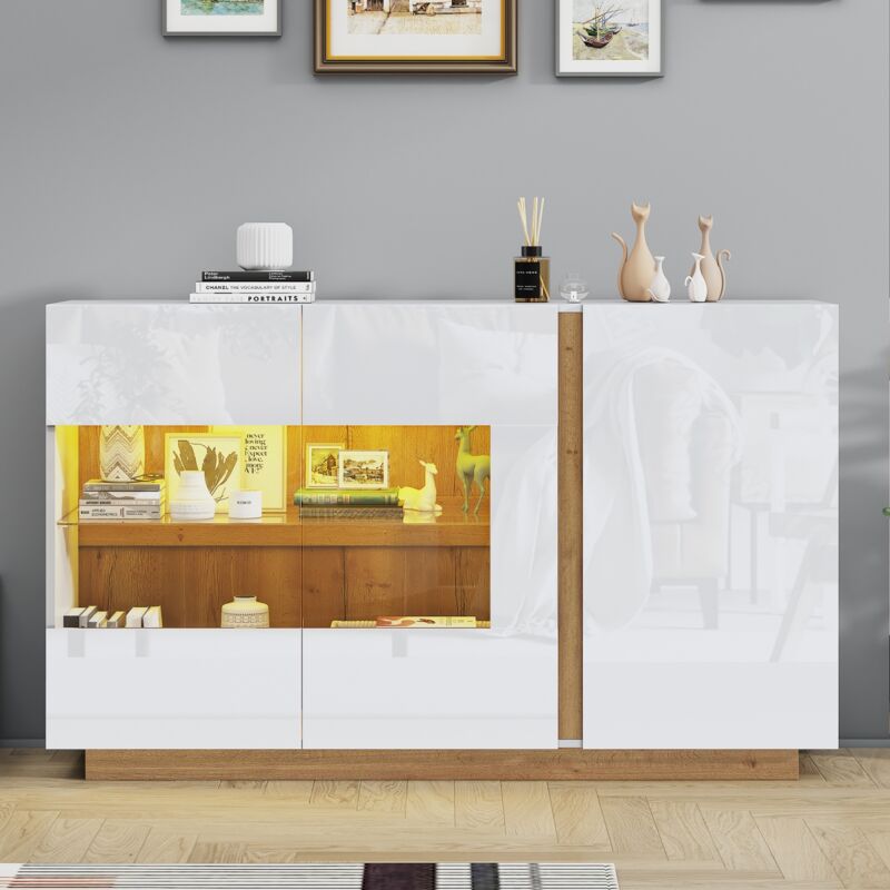 Buffet 138x38x90,5 cm, avec 3 portes, éclairage led, décoration en verre, base en bois, style élégant et simple, adapté au salon et à la salle à