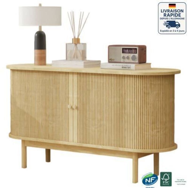Buffet 138x43x75cm avec 2 portes coulissantes, étagères réglables, meuble de cuisine, mdf, naturel-A