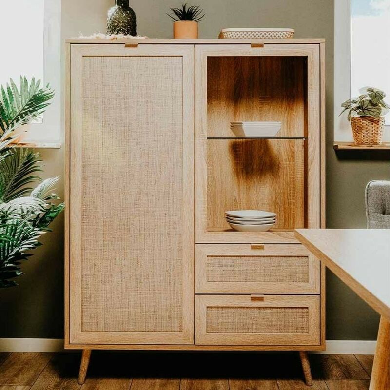 Buffet 139h cm avec deux portes et deux tiroirs effet osier couleur - Bali 53ANEW