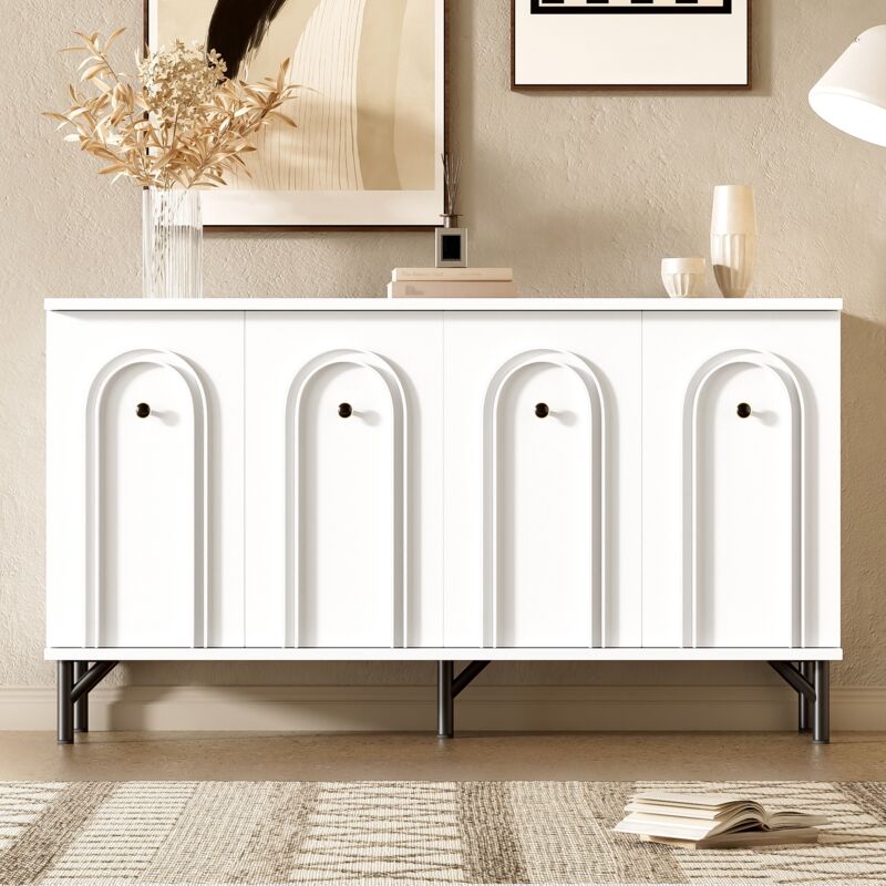 Tanant - Buffet 140 cm avec 4 portes, étagères réglables, façade incurvée 3D, poignées, design élégant, buffet de rangement, buffet de cuisine - Blanc