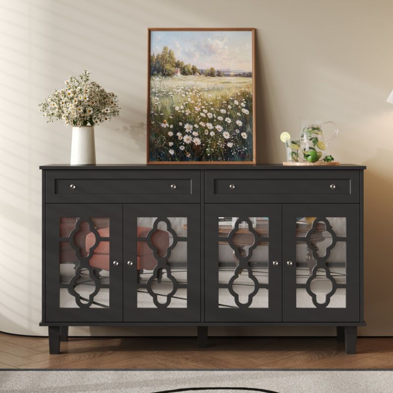 Buffet 140 cm, avec quatre portes miroir, deux tiroirs, étagères réglables, poignées en cristal, adapté au salon et à la salle à manger - Noir