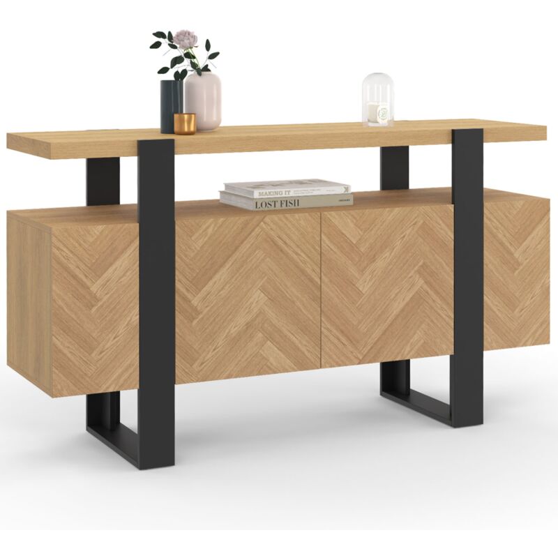 Buffet 140 cm cassius 4 portes effet chevrons et noir