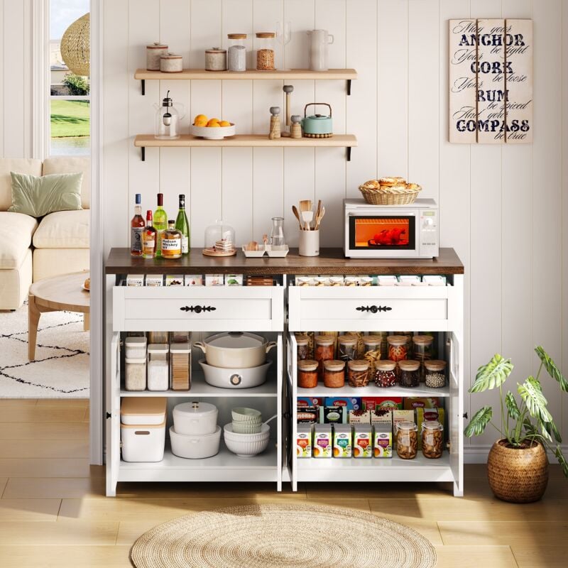 Buffet 140 cm, enfilade avec 4 portes et 2 grands tiroirs, meuble avec espace de rangement pour cuisine, salon, couloir, style campagnard - blanc