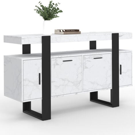 Buffet 140 cm PHOENIX 4 portes effet marbre blanc ALASKA et noir