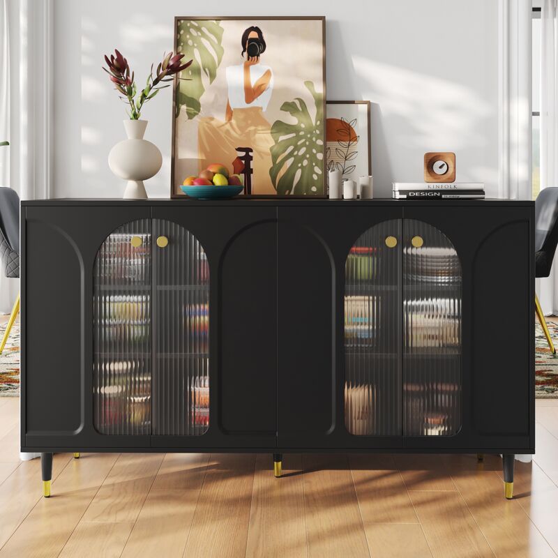 Buffet 140 cm, rectangulaire, avec 4 portes en verre courbes, étagères réglables, pieds et poignées en métal, scandinave, meubles de salon en bois