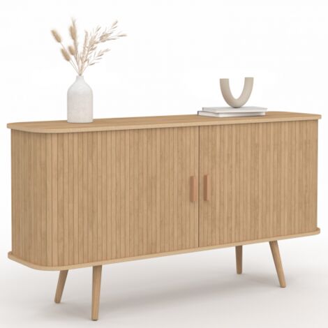 Buffet 140 cm ROMIE 2 portes coulissantes lattes tasseau bois coloris chêne