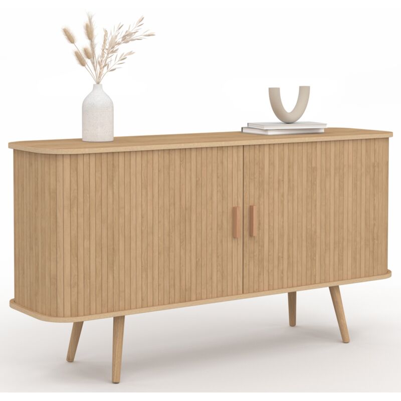 Idmarket Beige Buffet 140 Cm Romie Effet Lattes 2 Portes Coulissantes