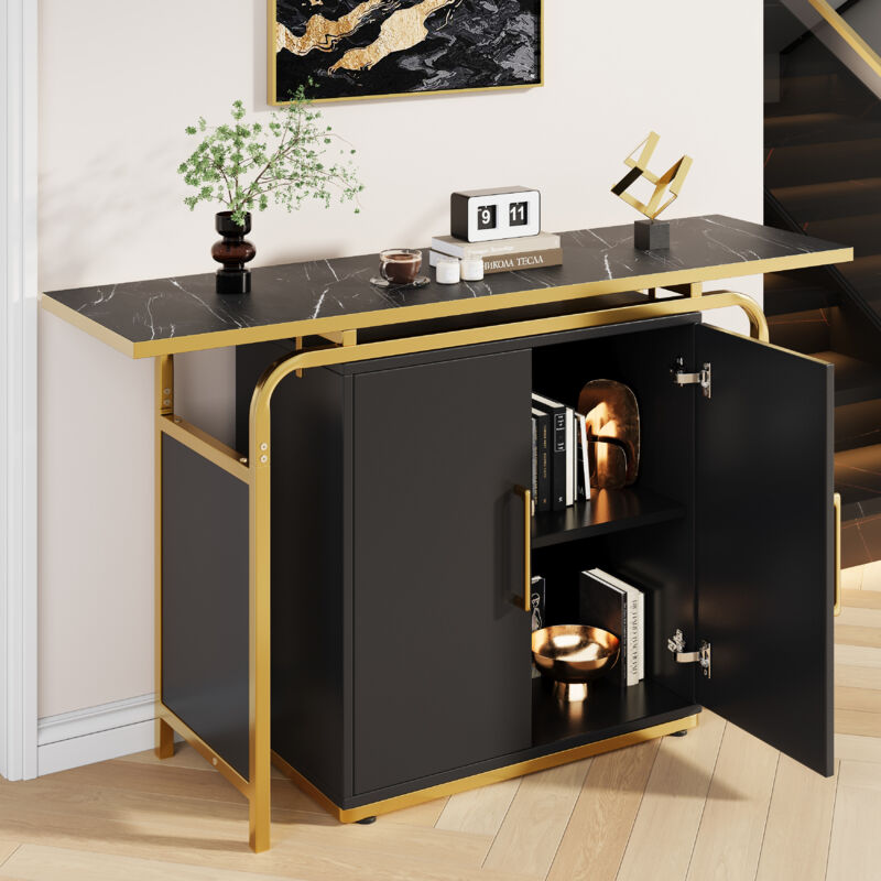 Buffet 140 x 29.5 x 80 cm, avec table rectangulaire, 2 portes et 1 étagère, garniture dorée, mdf, noir Hauss Spole