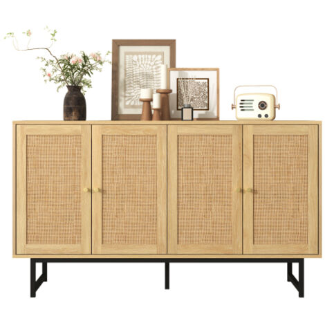 Buffet 140 x 39,5 x 80 cm en rotin véritable, 4 portes