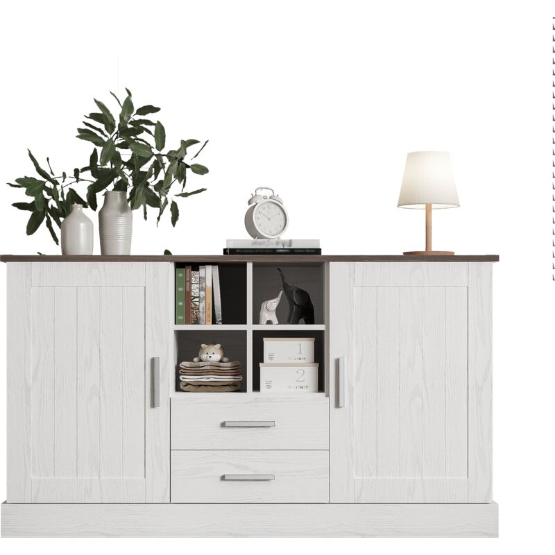 Buffet 140 x 40 x 79,5 cm, grain de bois blanc et marron - 2 portes, 2 tiroirs