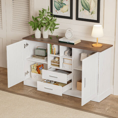 Buffet 140 x 40 x 79,5 cm, meuble de rangement, - 2 portes, 2 tiroirs, grain de bois blanc