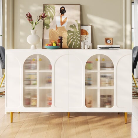 Buffet 140 x 40 x 85 cm, porte vitrée, multiples espaces de rangement, pour salle à manger/salon/cuisine, blanc