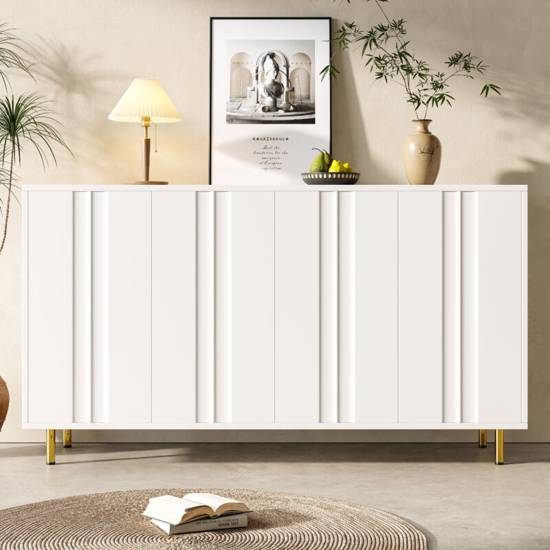 Buffet 140×40×85,9cm, meuble de rangement avec porte au design unique, pieds en métal, blanc