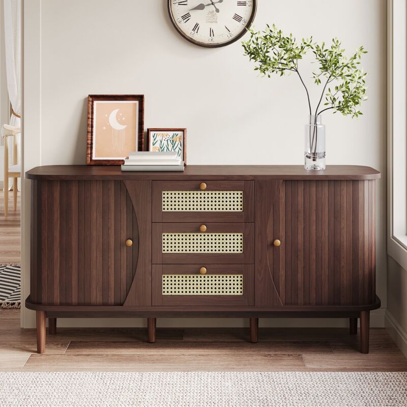 Tanant – Buffet en rotin 140 cm avec 3 tiroirs et 2 portes coulissantes