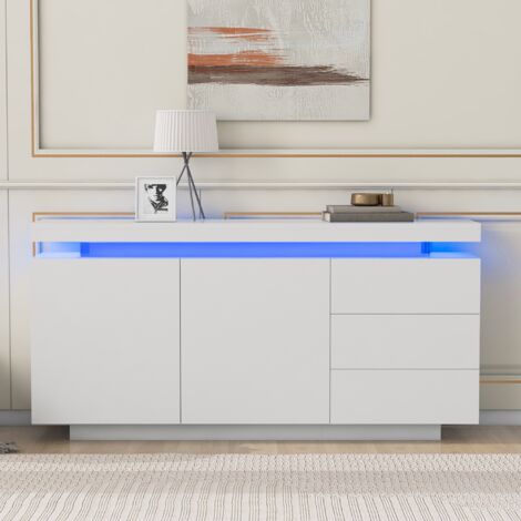 Buffet 140x35x72 cm, avec éclairage LED, 2 portes, 3 tiroirs, finition brillante, sans poignées, convient pour salon et chambre - Blanc