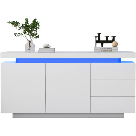 Buffet 140x35x72,5 Cm Blanc Laqué Avec Éclairage LED Pilotable Par Application, 2 Portes 3 Tiroirs