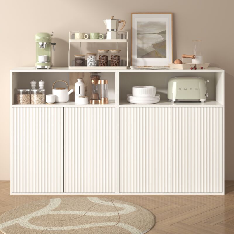 Buffet 140x35x90 cm, avec éclairage led, 4 portes vitrées, cloisons ouvertes, convient pour salle à manger et cuisine - Blanc