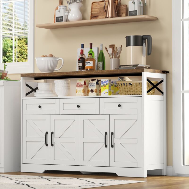 Buffet 140x35x95 cm, avec 3 tiroirs, 2 placards, étagères ouvertes, plateau en bois, style maison de campagne, pour cuisine et salon - Blanc