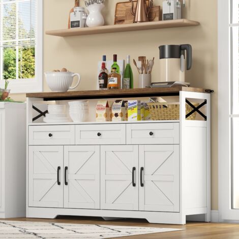 Buffet 140x35x95 cm, avec 3 tiroirs, 2 placards, étagères ouvertes, plateau en bois, style maison de campagne, pour cuisine et salon - Blanc