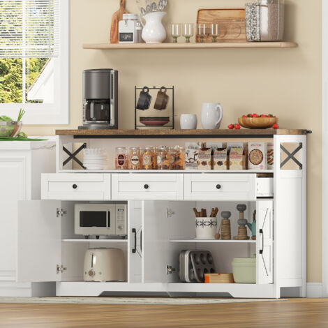 Buffet 140x35x95 cm avec 3 tiroirs de rangement et 4 portes, étagères, plateau en bois, poignées noires, blanc et naturel