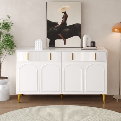 Buffet 140x37.8x82cm - avec 4 portes, 4 tiroirs, poignées et pieds dorés - stratifié amovible - Blanc
