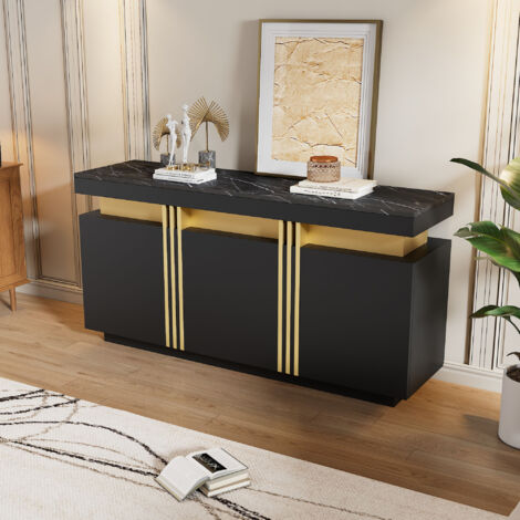 Buffet 140x38x70 cm, Credenza multifunzionale con 3 ante e divisori regolabili, truciolare, nera e oro, per cucina, soggiorno