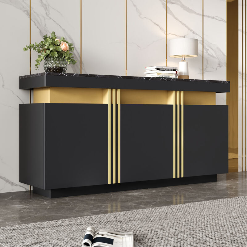 Buffet 140x38x70 cm noir modèle à trois portes avec étagères réglables, convient pour la cuisine, le salon et la salle à manger