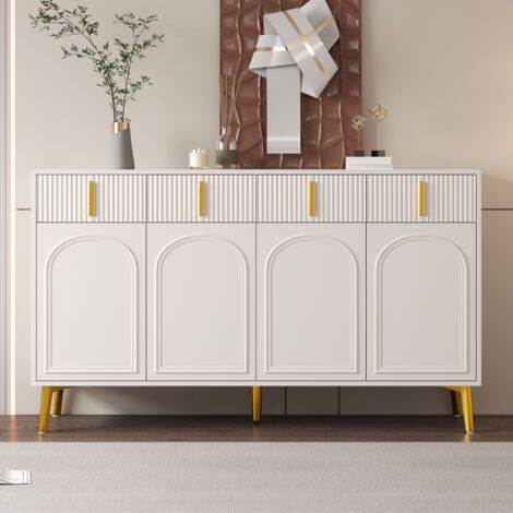 Buffet 140x38x82cm - 4 portes d'armoire, 4 tiroirs, poignées et pieds dorés, stratifié amovible, adapté au salon et salle à manger - Blanc