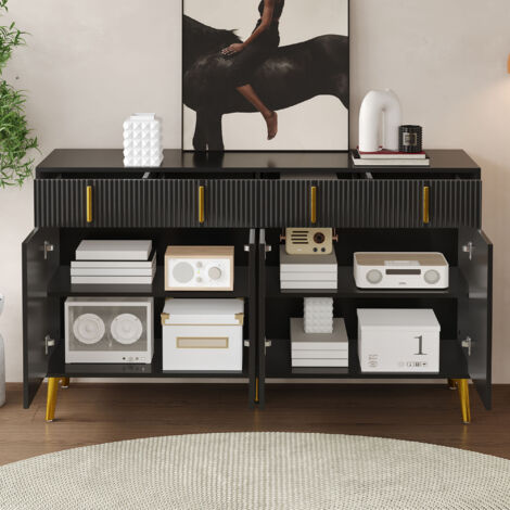 Buffet 140x38x82cm design élégant MDF 4 ptes 4 tiroirs poignées dées pieds dés Noir