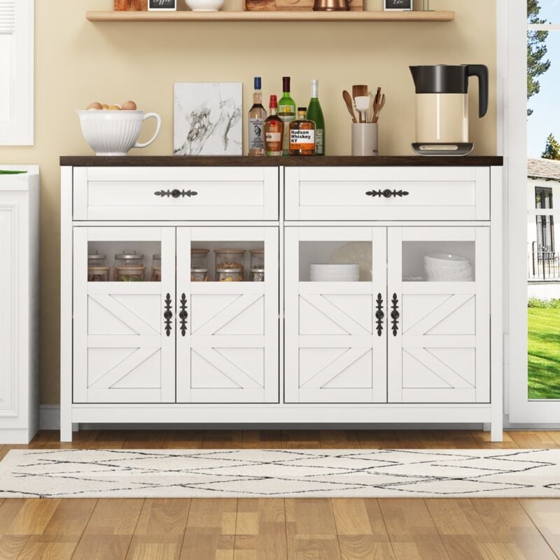 Buffet 140x39x90 cm, avec 2 tiroirs, 4 portes vitrées, étagères ouvertes, plateau en bois, style maison de campagne, pour cuisine et salon - Blanc