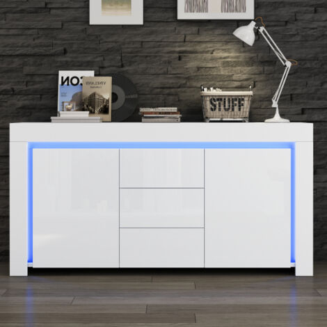 Buffet 140x40x65 cm avec 2 portes, 3 tiroirs et LED, blanc