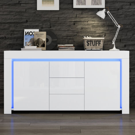 Buffet 140x40x65 cm - avec 2 portes et 3tiroirs - avec bande LED - blanc brillant