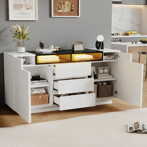 Buffet 140x40x68 cm design laqué LED intégré panneau de particules blanc et noir