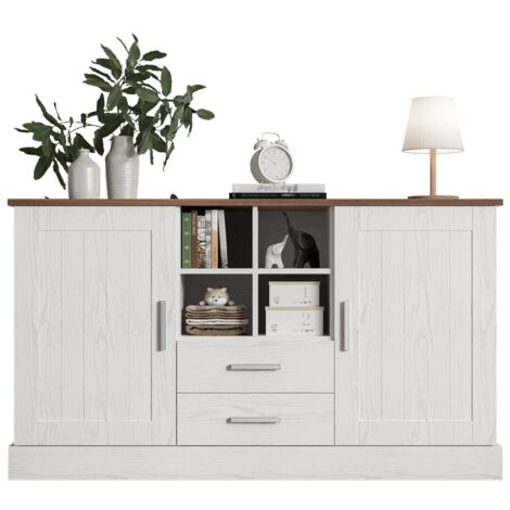 Buffet 140x40x79.5cm - Panneaux latéraux grain bois blanc/marron - Rangement élégant