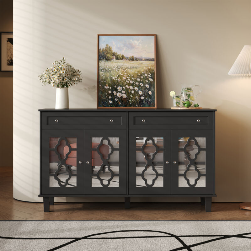 Buffet 140x40x83cm - avec 4 portes miroir et 2 tiroirs - étagères réglables et poignées en cristal - Noir