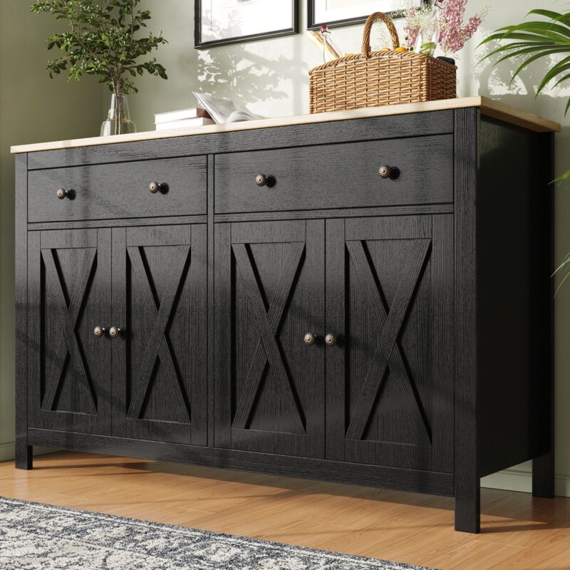 Buffet 140x40x89cm, avec 2 tiroirs, cloisons réglables 3 niveaux, poignées noires, design rétro à veinures croisées, convient pour cuisines et salles
