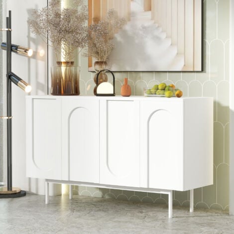 HAUSS SPLOE Buffet 140x42x80cm, 4 portes, meuble d'entrée, meuble de rangement, cuisine/salon/chambre/salle à manger, moderne, blanc